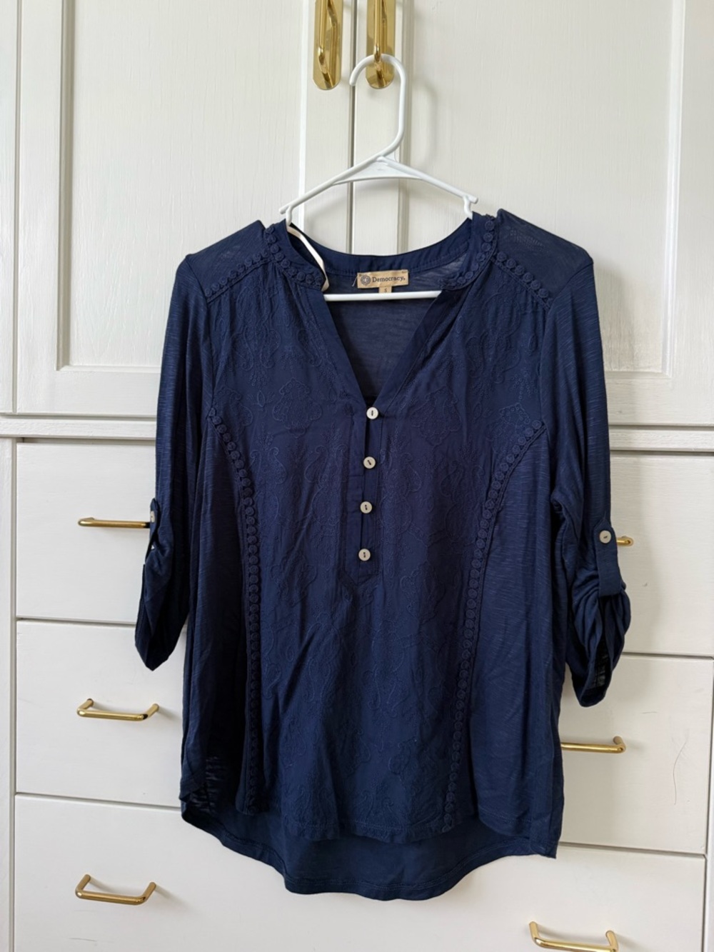 Democracy Navy Embroidered Henley Blouse